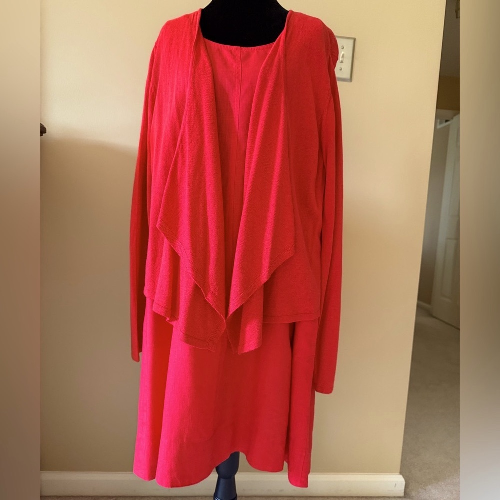 J. Jill Bold Red Knit Cardigan And Linen Dress Set